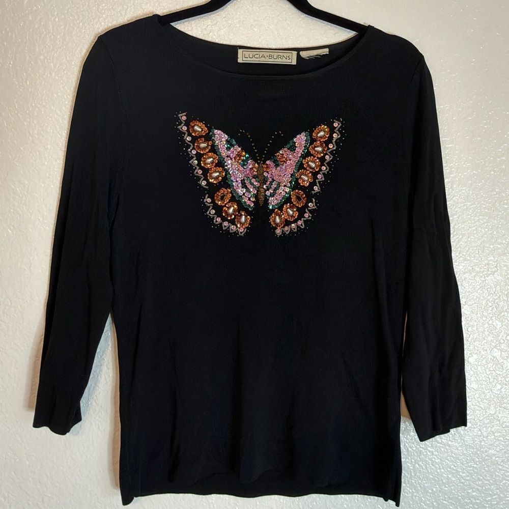 Vintage retro Y2K Lucia Burns Black knitTop with embellished boho Butterfly
